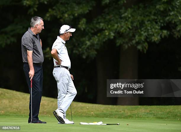 Bob James and John Clarke of Berkhamsted Golf Club look on during the Golfplan Insurance PGA Pro-Captain Challenge - South Regional Qualifier at...