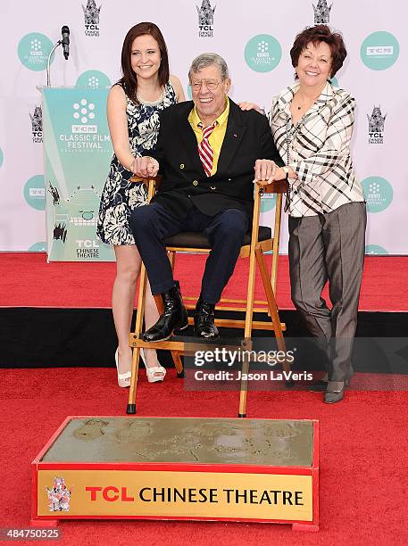 Danielle Sarah Lewis, comedian Jerry Lewis and SanDee Pitnick attend Lewis' Hand And Footprint Ceremony at TCL Chinese Theatre IMAX on April 12, 2014...
