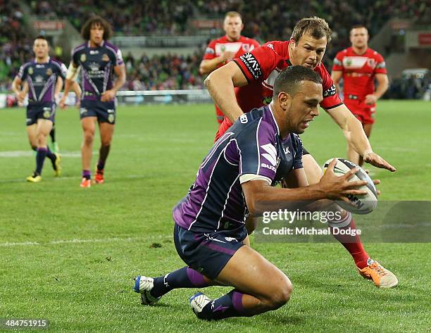 Will Chambers of the Storm scores a try during the round 6 NRL match between the Melbourne Storm and the St George Illawarra Dragons at AAMI Park on...