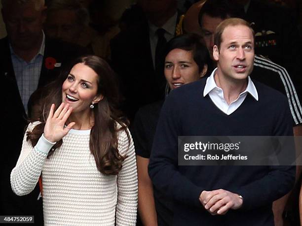 Prince William, Duke of Cambridge and Catherine, Duchess of Cambridge emerge from the tunnel onto Forsyth Barr Stadium, Dunedin on April 13, 2014 in...
