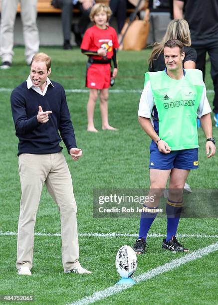 Prince William, Duke of Cambridge encourages his team prior to kick-off at Forsyth Barr Stadium, Dunedin on April 13, 2014 in Dunedin, New Zealand....