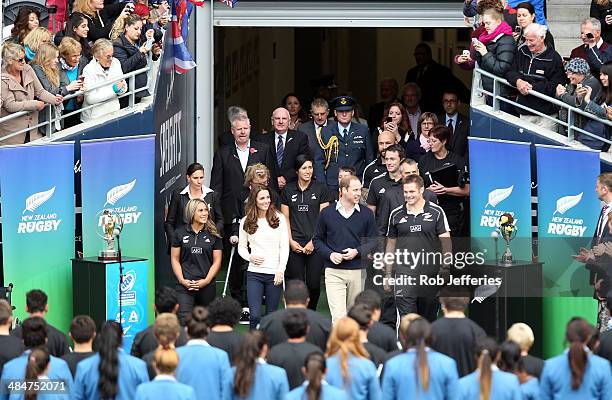 Prince William, Duke of Cambridge and Catherine, Duchess of Cambridge are welcomed via a traditional Maori Haka onto Forsyth Barr Stadium, Dunedin on...