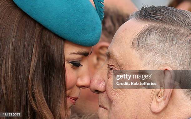 Catherine, Duchess of Cambridge receives a hongi at the official greeting at Dunedin International Airport on April 13, 2014 in Dunedin, New Zealand....