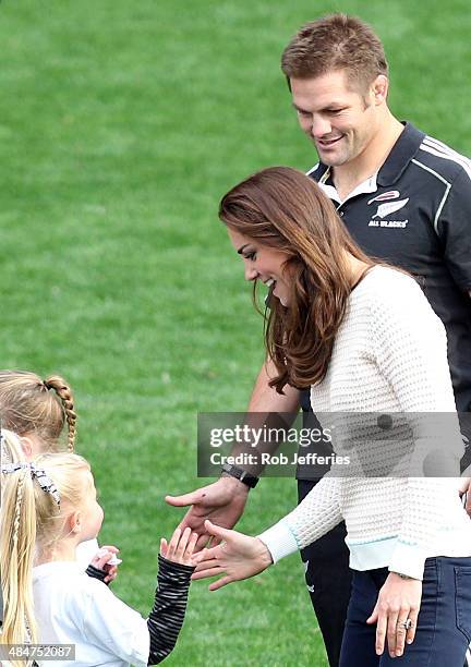 Richie McCaw - All Blacks captain, Catherine, Duchess of Cambridge high five the junior rippa rugby players at Forsyth Barr Stadium, Dunedin on April...