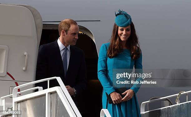 Prince William, Duke of Cambridge and Catherine, Duchess of Cambridge arrive at Dunedin International Airport on April 13, 2014 in Dunedin, New...