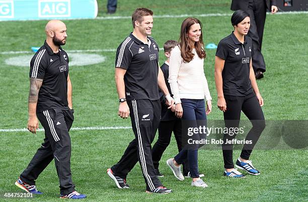 Forbes - All Blacks Sevens Captain, Richie McCaw - All Blacks Captain, Catherine, Duchess of Cambridge make there way onto the field to congratulate...