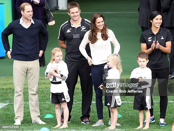 Catherine, Duchess of Cambridge, Prince William, Duke of Cambridge and All Blacks captain Richie McCaw support junior rippa rugby players at Forsyth...