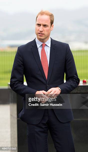 Prince William, Duke of Cambridge look at a Memorial Wall as they visit Wigram Air Force Museum on April 14, 2014 in Christchurch, New Zealand. The...
