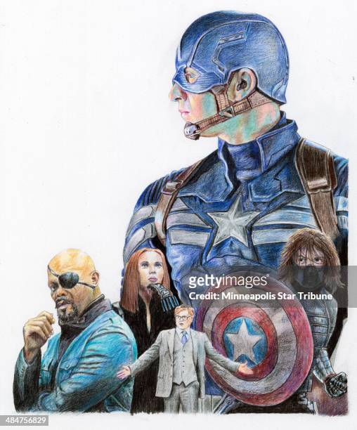 Dpi Eddie Thomas illustration related to the new movie, "Captain America: The Winter Soldier." With BC-MOVIE-CAPTAINAMERICA:LA, Los Angeles Times by...