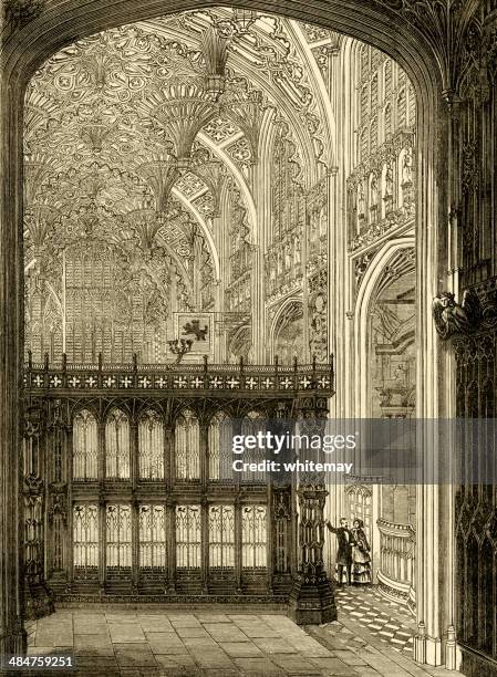 ilustraciones, imágenes clip art, dibujos animados e iconos de stock de interior de enrique vii de la capilla, la abadía de westminster - techo abovedado