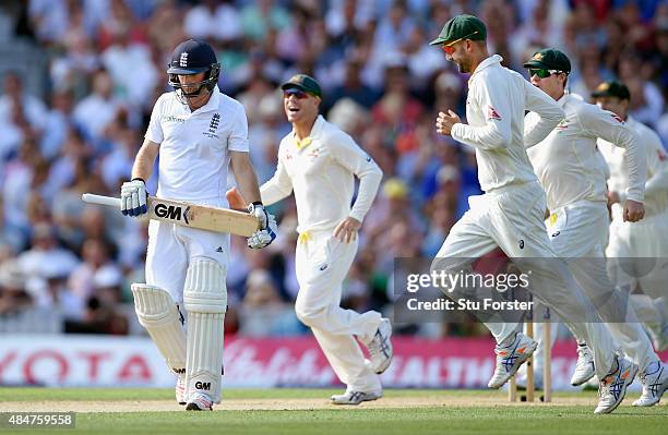 England batsman Adam Lyth leaves the field after being dismissed for just 19 runs during day two of the 5th Investec Ashes Test match between England...