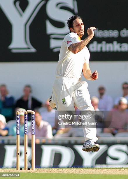 Mitchell Johnson of Australia bowling during day two of the 5th Investec Ashes Test match between England and Australia at The Kia Oval on August 21,...