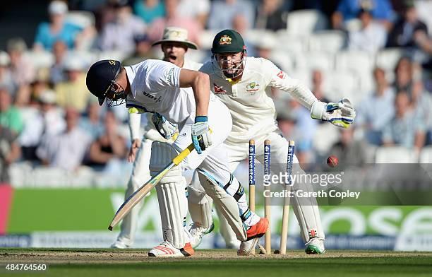 Jos Buttler of England is bowled by Nathan Lyon of Australia during day two of the 5th Investec Ashes Test match between England and Australia at The...