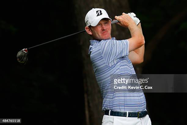 Brandt Snedeker tees off on the 2nd hole during the second round of the Wyndham Championship at Sedgefield Country Club on August 21, 2015 in...