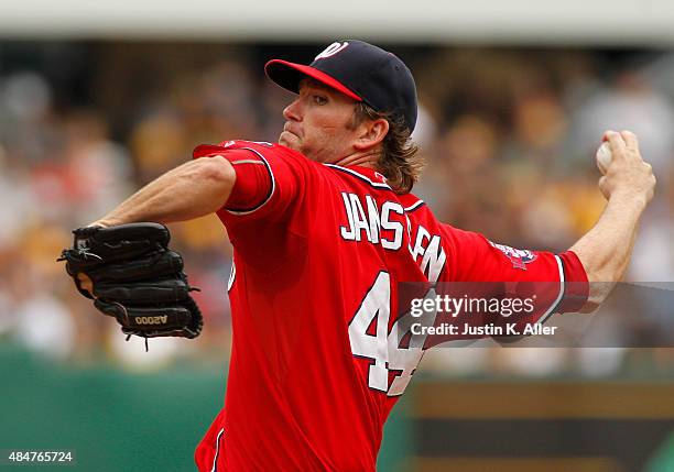 Casey Janssen of the Washington Nationals pitches during the game against the Pittsburgh Pirates at PNC Park on July 26, 2015 in Pittsburgh,...