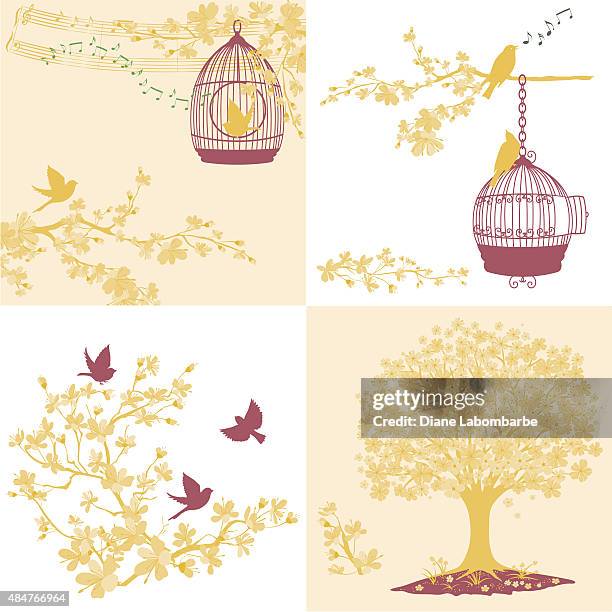 cherry blossoms sakura and birds ornaments set - birdcage stock illustrations