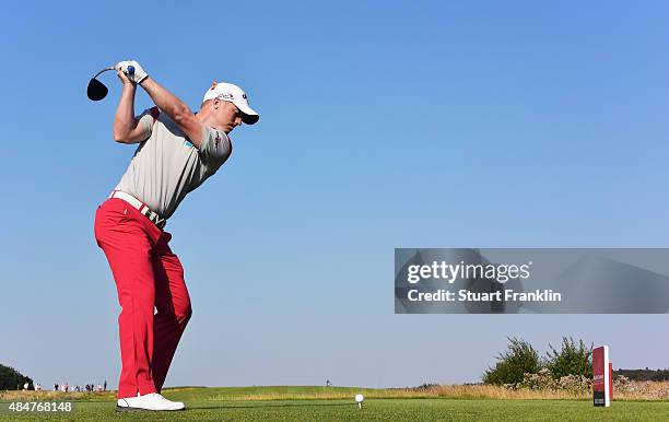 David Horsey of England plays a shot during the second round of the Made in Denmark at Himmerland Golf & Spa Resort on August 21, 2015 in Aalborg,...