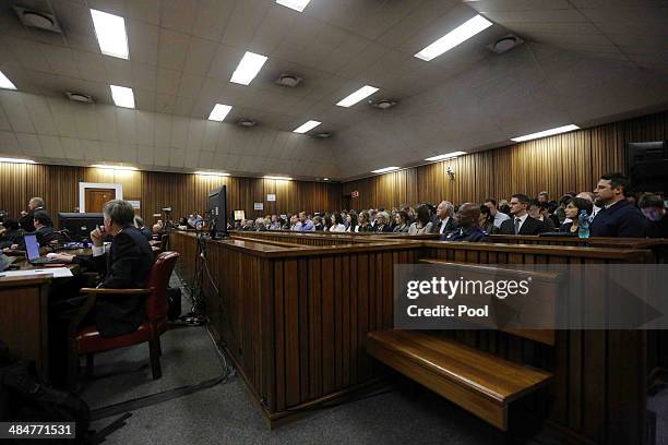 General view of the courtroom as State prosecutor Gerrie Nel questions Oscar Pistorius during cross examination in the Pretoria High Court on April...