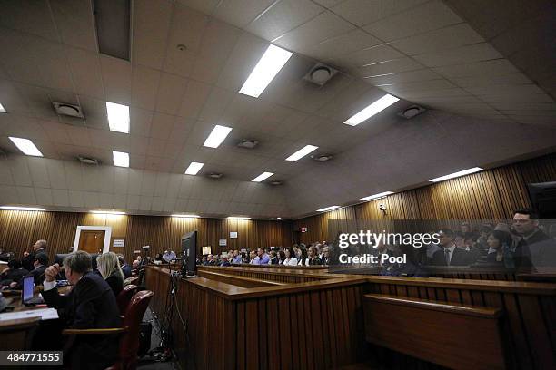 General view of the courtroom as State prosecutor Gerrie Nel questions Oscar Pistorius during cross examination in the Pretoria High Court on April...