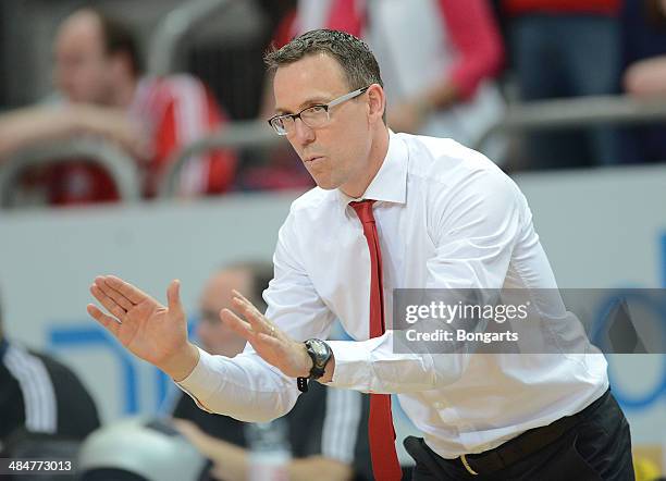 Headcoach Chris Fleming of Brose Baskets Bamberg reacts during the match between Brose Baskets Bamberg and FC Bayern Muenchen at Stechert Arena on...