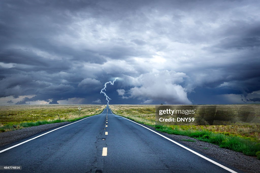 Lightning Bolt At The End Of Long Rural Road