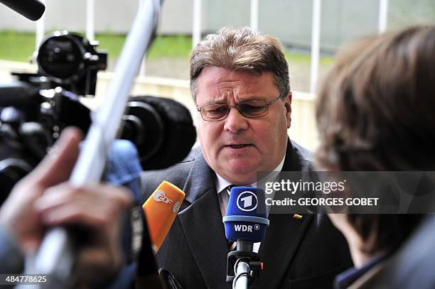 Lithuania Foreign Affairs minister Linas Linkevicius talks to the press prior to a Foreign Affairs Council on April 14,2014 at the EU Headquarters at...
