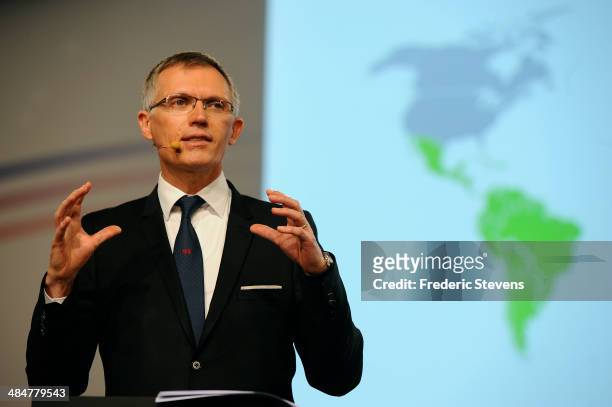 Chairman of the Managing Board of French carmaker PSA Peugeot Citroen, Carlos Tavares, gives a press conference to present the group's strategic plan...