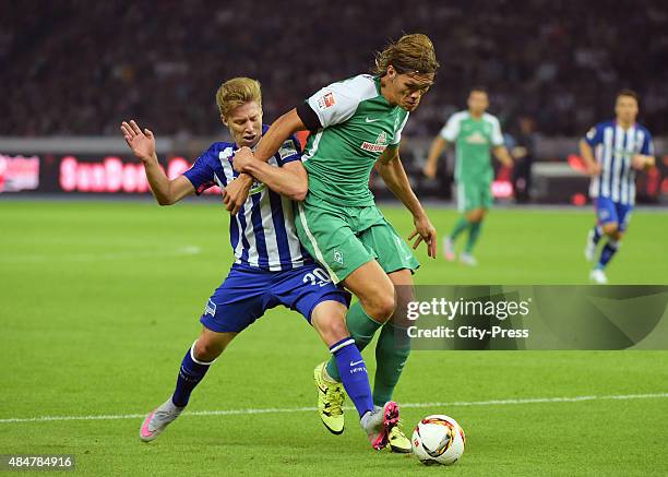 Mitchell Weiser of Hertha BSC and Jannik Vestergaard of Werder Bremen during the game between Hertha BSC and Werder Bremen on August 21, 2015 in...