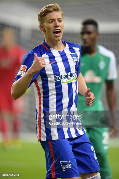 Mitchell Weiser of Hertha BSC gestures during the game between Hertha BSC and Werder Bremen on August 21, 2015 in Berlin, Germany.