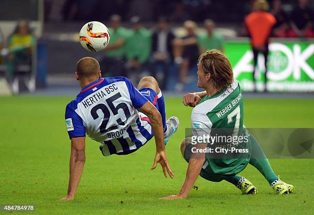 John Anthony Brooks of Hertha BSC and Jannik Vestergaard of Werder Bremen fight for the ball during the game between Hertha BSC and Werder Bremen on...