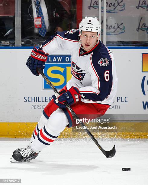 Nikita Nikitin of the Columbus Blue Jackets skates prior to the game against the Florida Panthers at the BB&T Center on April 12, 2014 in Sunrise,...