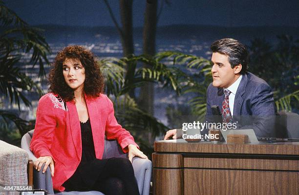 Pictured: Musical guest Celine Dion during an interview with guest host Jay Leno on January 29, 1991 --