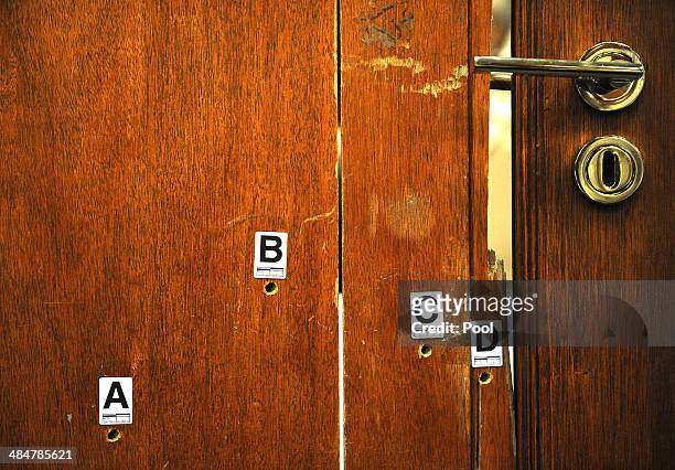 The door through which Oscar Pistorius shot Reeva Steenkamp used as evidence in court on April 14, 2014 in Pretoria, South Africa. Oscar Pistorius...