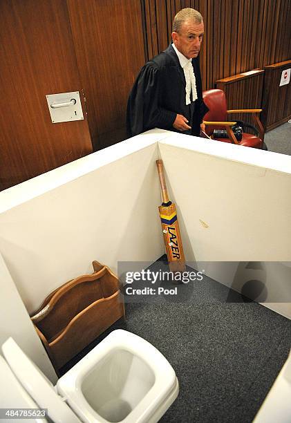 State prosecutor Gerrie Nel walks past the reconstruction of the bathroom where Reeva Steenkamp was shot by Oscar Pistorius on April 14, 2014 in...