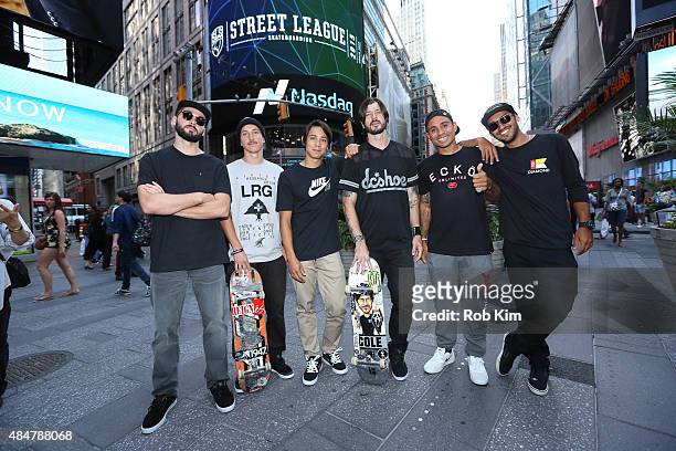 Professional skateboarders Matt Berger, Tom Asta, Sean Malto, Chris Cole, Manny Santiago and Kelvin Hoefler of Street League Skateboarding ring the...