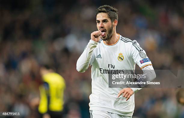 Real Madrid's Isco celebrates after scoring the secong goal during the UEFA Champions League Quarter Final between Real Madrid and Borussia Dortmund...