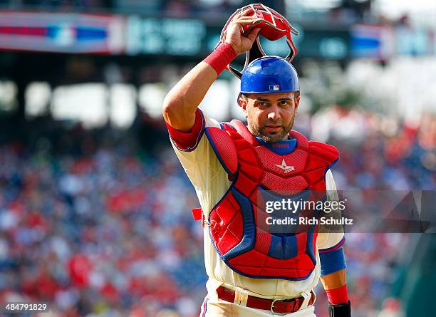 Wil Nieves of the Philadelphia Phillies in action against the Miami Marlins in a game at Citizens Bank Park on April 13, 2014 in Philadelphia,...