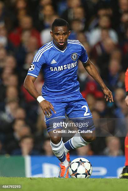 Samuel Eto'o of Chelsea in action during the UEFA Champions League quarter final match between Chelsea FC and Paris Saint-Germain FC at Stamford...