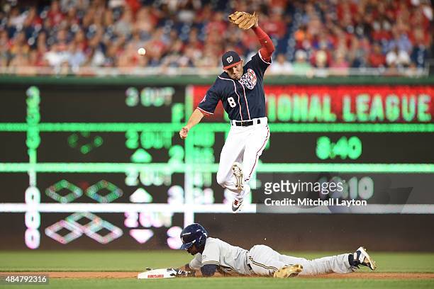 Jean Segura of the Milwaukee Brewers steals second base under Danny Espinosa of the Washington Nationals in the third inning during a baseball game...