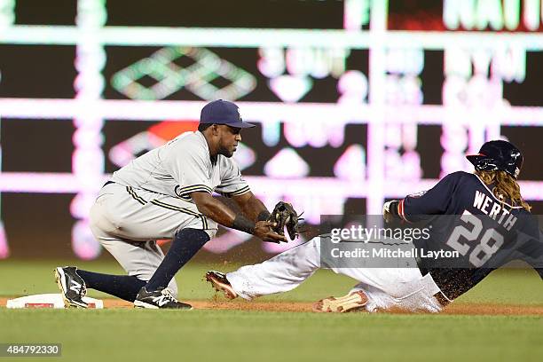 Jean Segura of the Milwaukee Brewers tags out Jayson Werth of the Washington Nationals trying to steal second base in the third inning during a...