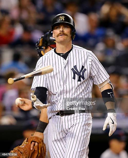 Brendan Ryan of the New York Yankees reacts after he struck out in the fifth inning against the Cleveland Indians on August 21, 2015 at Yankee...