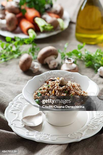 homemade buckwheat with a mix of mushrooms - buckwheat stock pictures, royalty-free photos & images