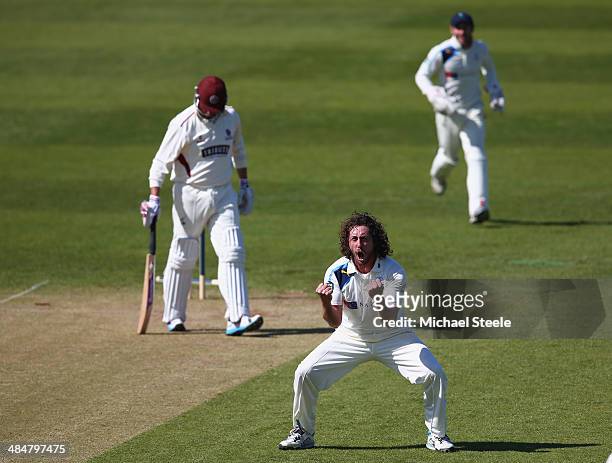 Ryan Sidebottom of Yorkshire celebrates bowling Marcus Trescothick of Somerset during day two of the LV County Championship match between Somerset...