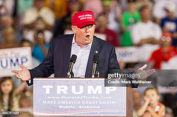 Republican presidential candidate Donald Trump speaks during a rally at Ladd-Peebles Stadium on August 21, 2015 in Mobile, Alabama. The Trump...