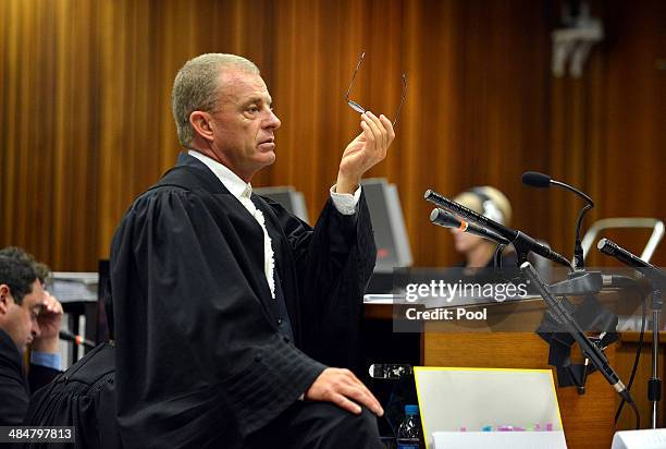 State prosecutor Gerrie Nel questions Oscar Pistorius during cross examination in the Pretoria High Court on April 14 in Pretoria, South Africa....