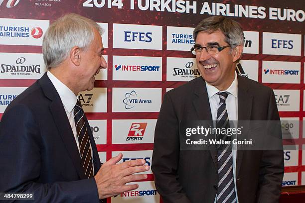 Giuliano Pisapia, major of Milan and Jordi Bertomeu during the Turkish Airlines Euroleague Final Four Presentation Press Conference at Palazzo Marino...