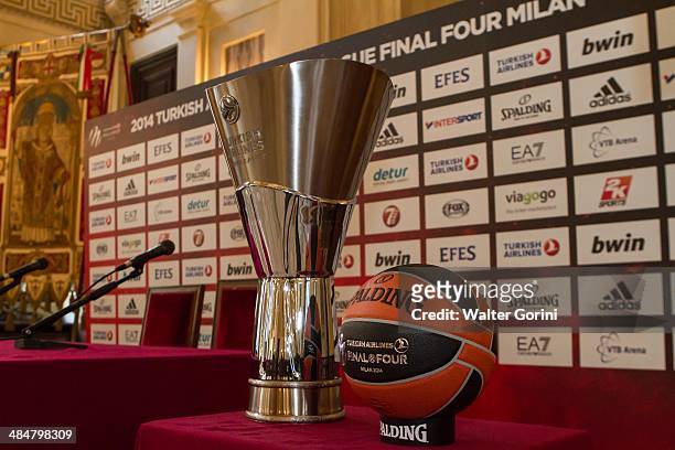The official ball and the cup during the Turkish Airlines Euroleague Final Four Presentation Press Conference at Palazzo Marino on April 14, 2014 in...