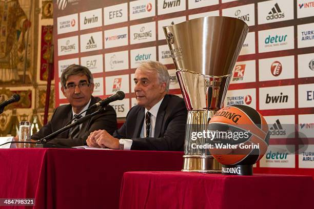 Jordi Bertomeu and Giuliano Pisapia, major of Milan during the Turkish Airlines Euroleague Final Four Presentation Press Conference at Palazzo Marino...