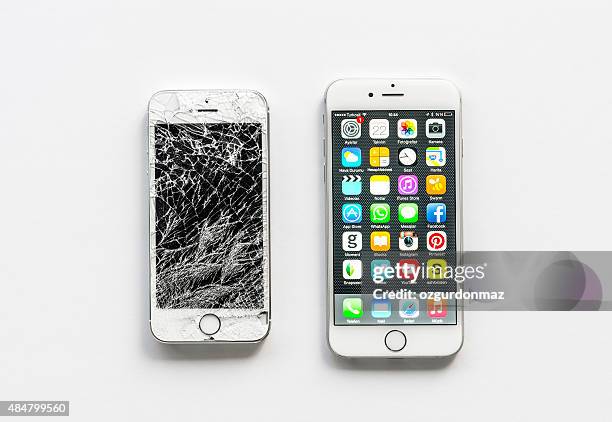 iphone 6 and broken iphone 5s - cracked iphone stock pictures, royalty-free photos & images