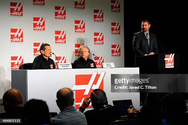 Guenther Steiner, team principal of Haas Formula, Gene Haas, founder, Haas Automation and chairman, Haas Formula, and Mike Arning, True Speed...